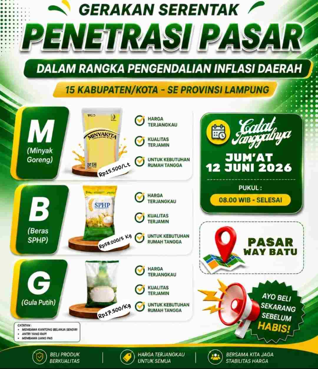 Besok, Gerakan Penetrasi Pasar Digelar di Pasar Way Batu untuk Kendalikan Inflasi