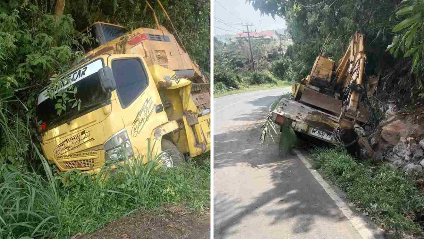 Diduga Rem Blong, Mobil Angkut Alat Berat Terperosok di Tanjakan Giham