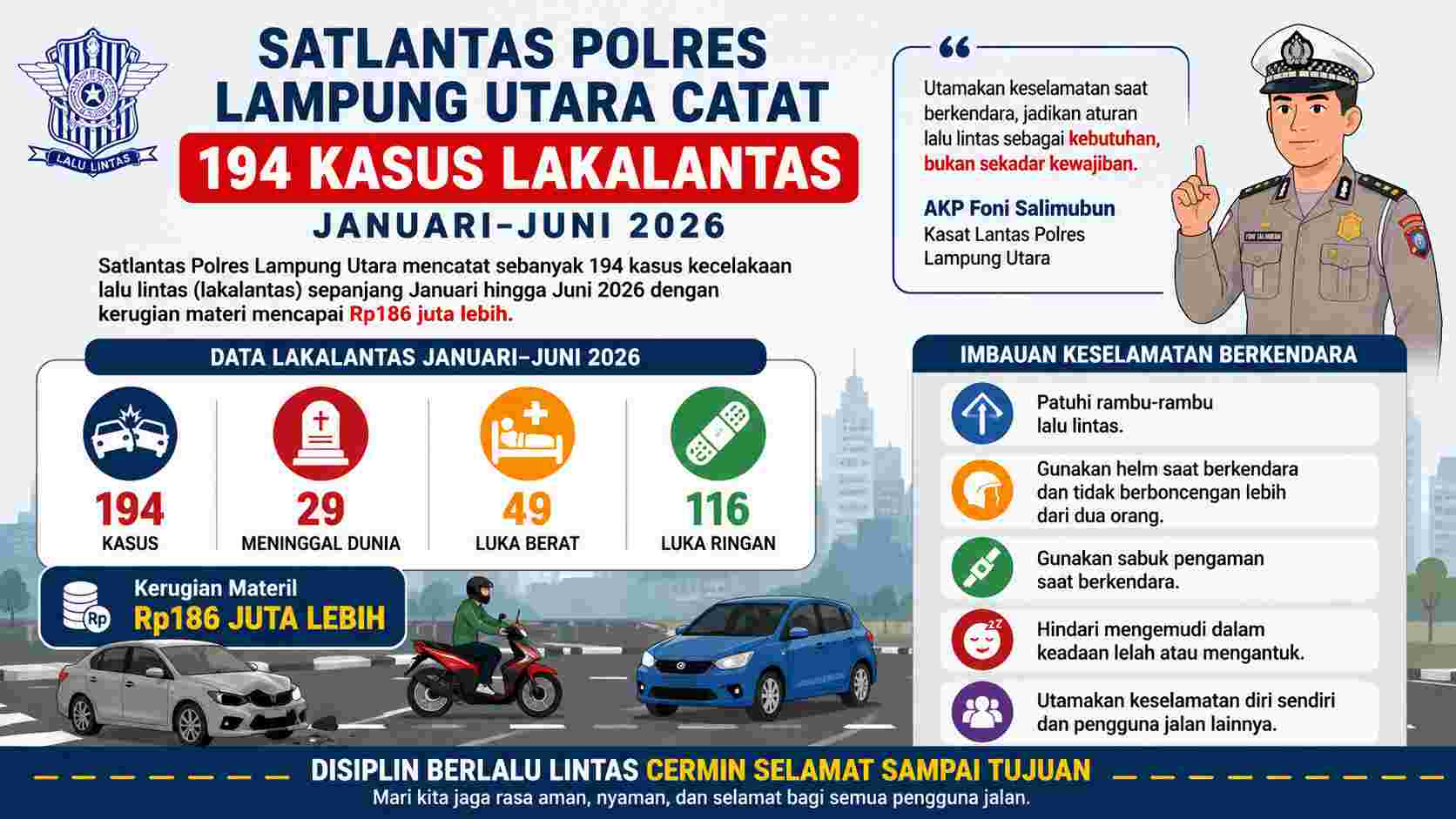 Hingga Juni 2026, Satlantas Polres Lampung Utara Catat 194 Kasus Lakalantas