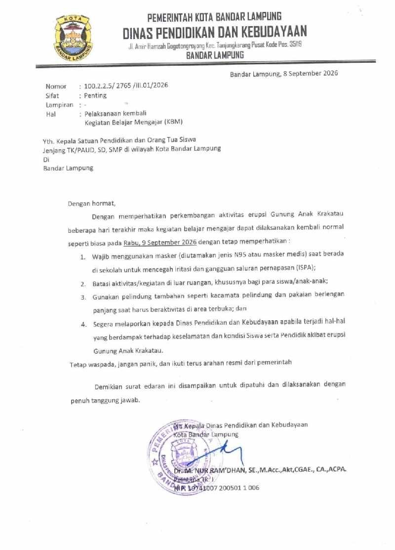 Disdikbud Bandar Lampung Izinkan KBM Normal, Sekolah Diminta Waspadai Erupsi Anak Krakatau