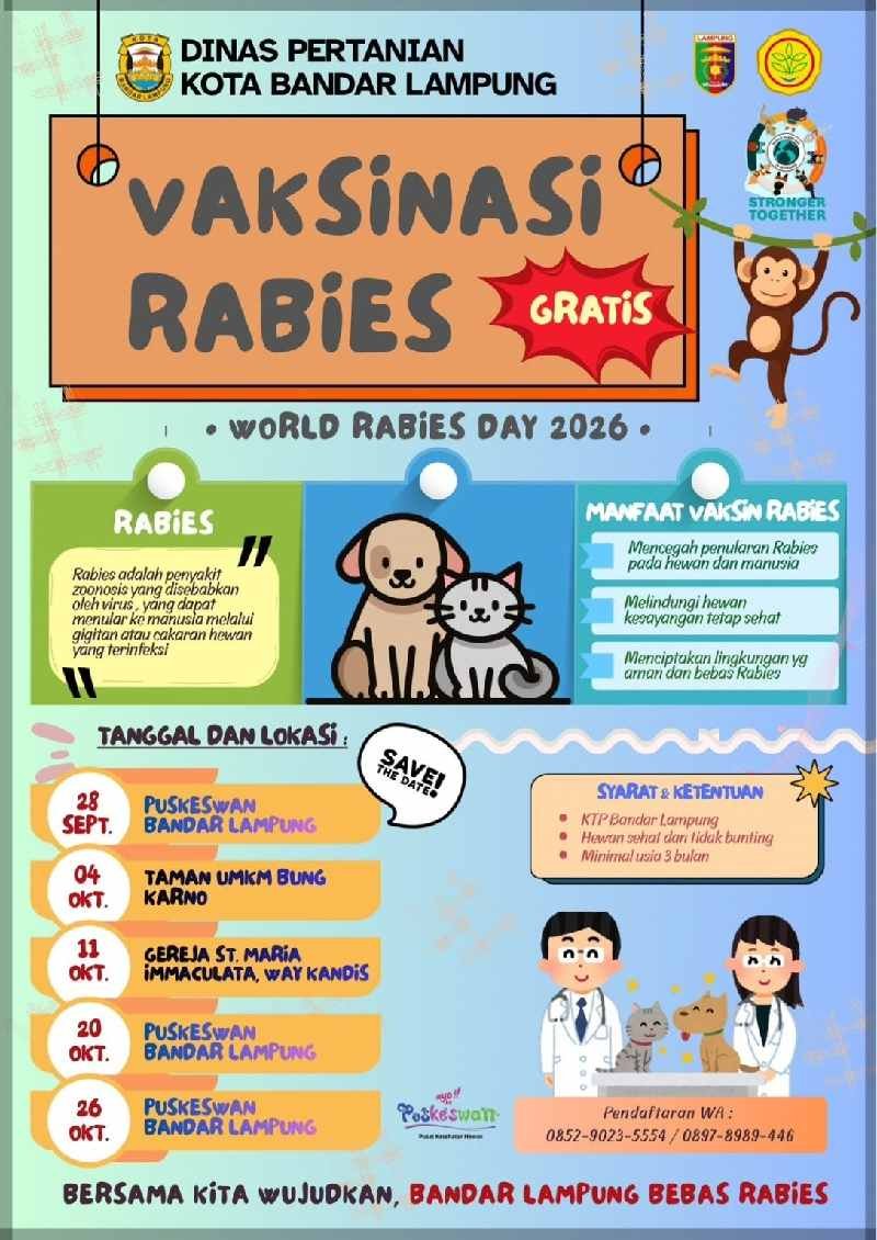 Vaksinasi Rabies Gratis di Bandar Lampung, Catat Jadwal, Lokasi, dan Syaratnya