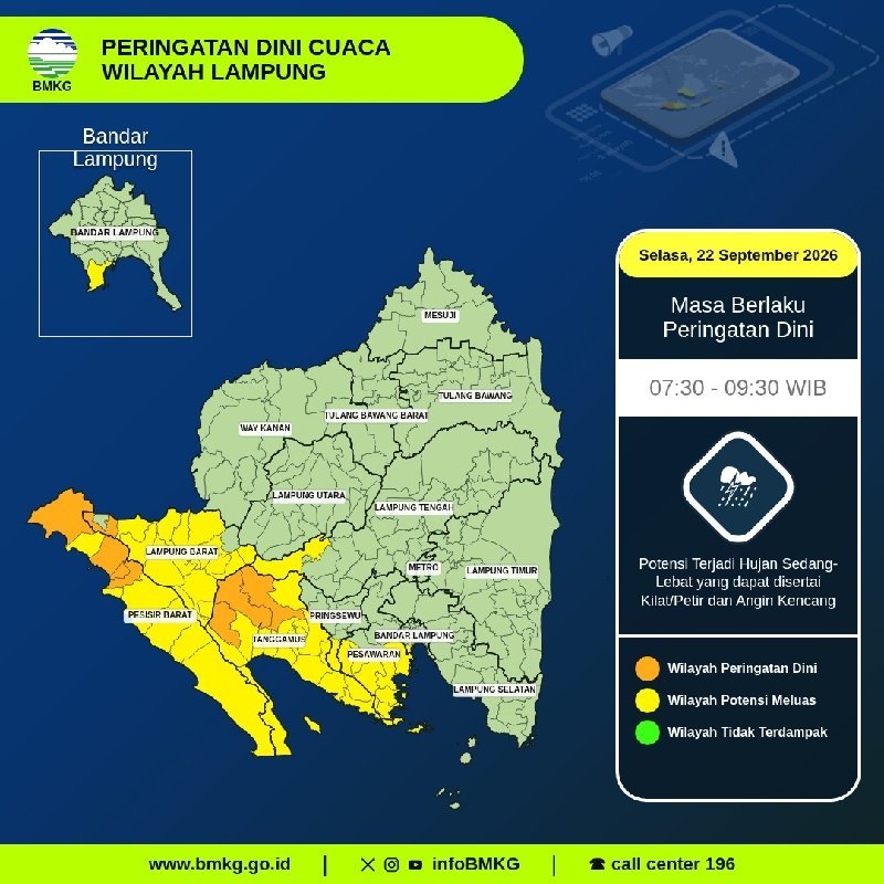 BMKG Lampung Keluarkan Peringatan Dini Hujan Lebat, Waspada Petir dan Angin Kencang