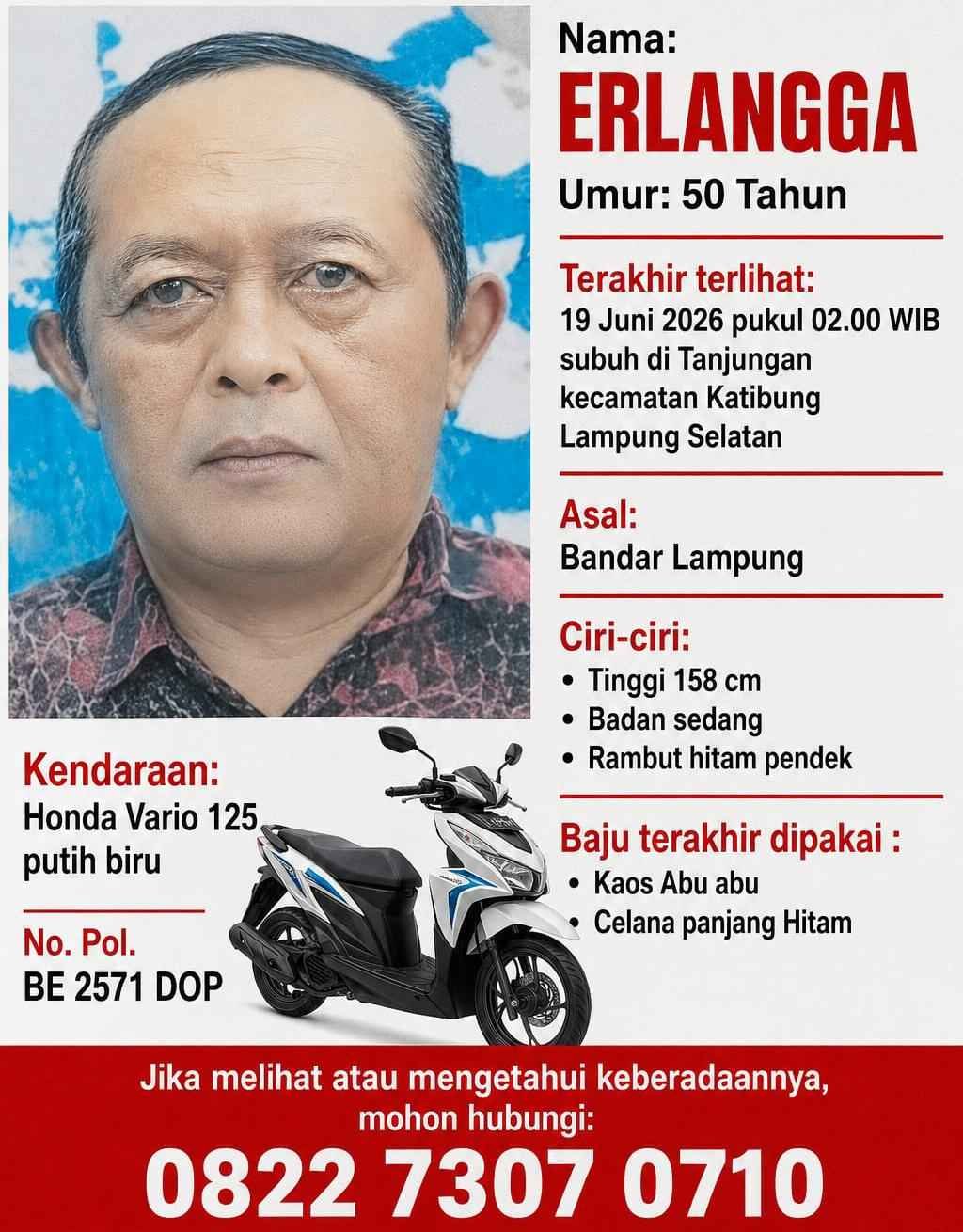 ASN Warga Kemiling Bandar Lampung Dilaporkan Hilang, Keluarga Minta Bantuan Publik