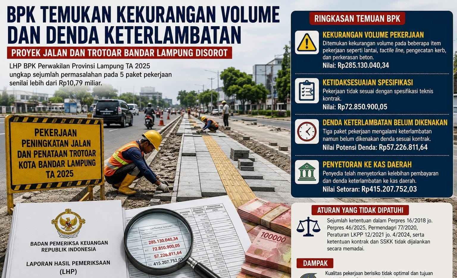BPK Ungkap Temuan Proyek Jalan dan Trotoar Dinas PU Bandar Lampung, Potensi Kelebihan Bayar Capai Rp357,9 Juta