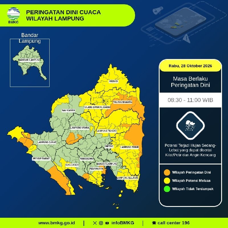BMKG Peringatkan Hujan Lebat Disertai Petir dan Angin Kencang di Lampung hingga Pukul 11.00 WIB