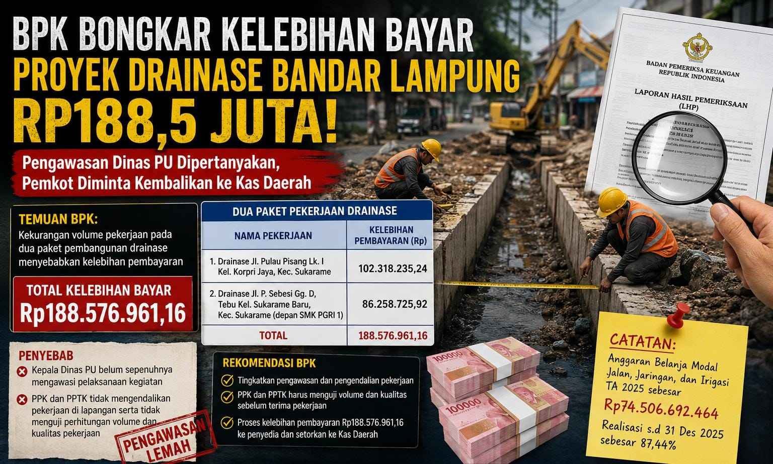 Proyek Sudah PHO, BPK Temukan Kekurangan Volume Drainase Rp188,5 Juta