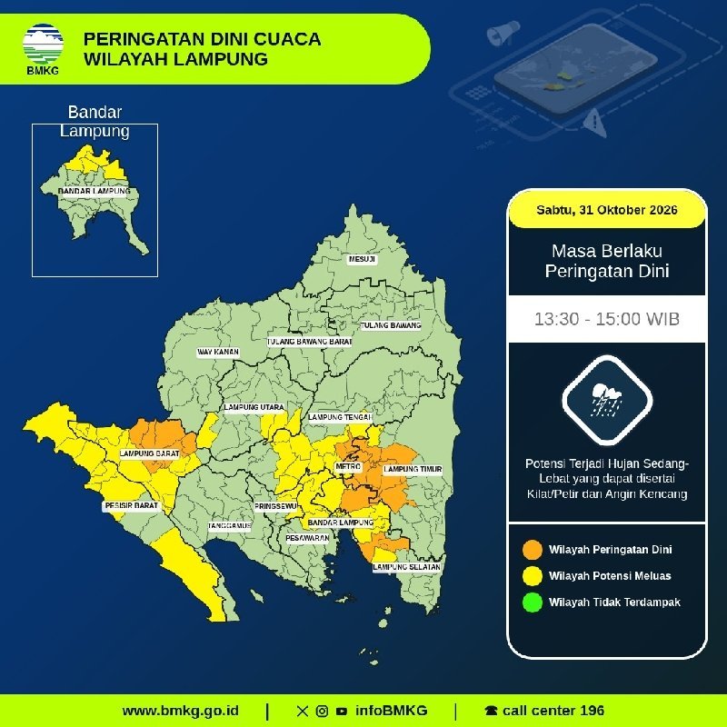 BMKG Peringatkan Hujan Lebat Sejumlah Daerah di Lampung Berpotensi Diguyur Hujan Lebat hingga Pukul 15.00 WIB