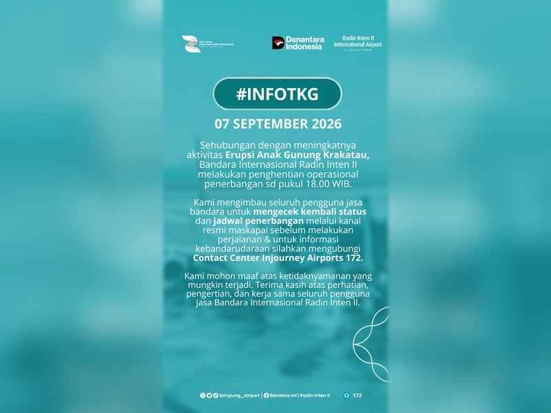 Anak Krakatau Erupsi, Penutupan Bandara Radin Inten II Diperpanjang hingga 18.00 WIB