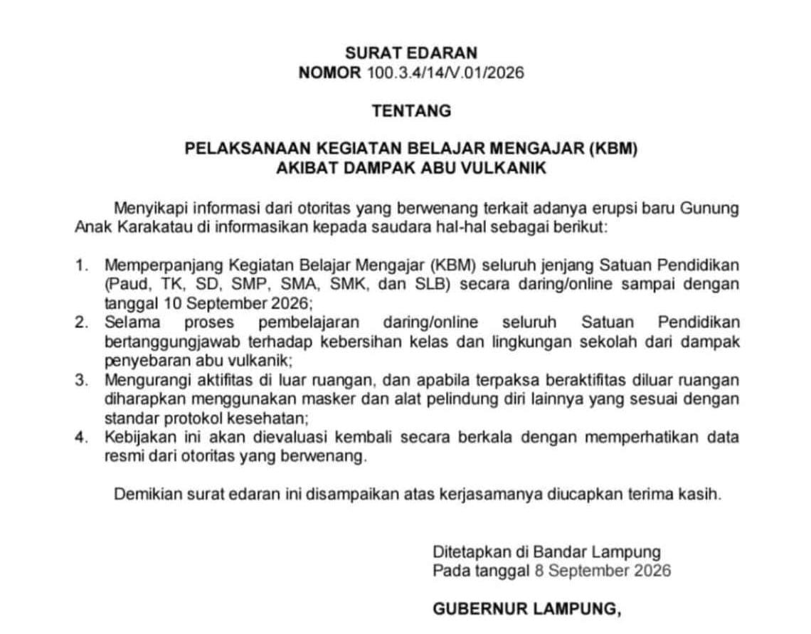 Dampak abu vulkanik, Gubernur Lampung perpanjang sekolah daring hingga 10 September