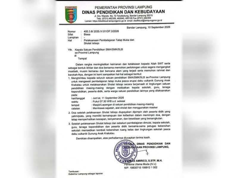 Disdikbud Lampung Imbau Sekolah Gelar Sholat Istisqo Usai Erupsi Anak Krakatau