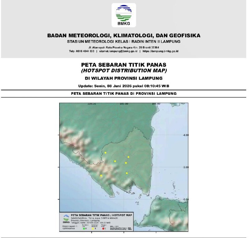 BMKG Lampung mendeteksi enam titik panas di lima kabupaten berdasarkan pantauan satelit NOAA20 dan SNPP. Masyarakat diimbau meningkatkan kewaspadaan terhadap potensi kebakaran lahan.