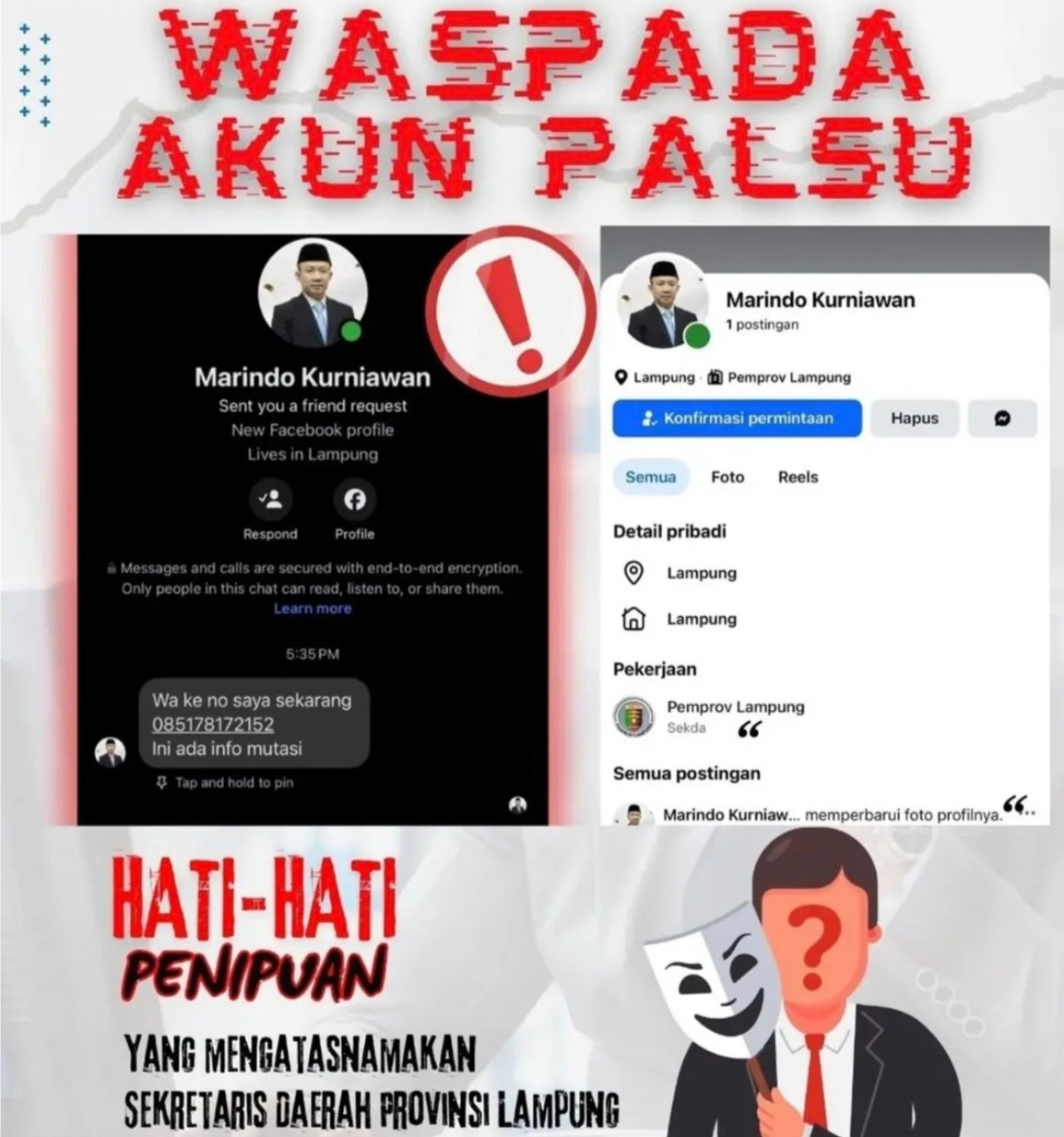 Waspada! Akun Facebook dan WhatsApp Palsu Catut Nama Sekda Lampung