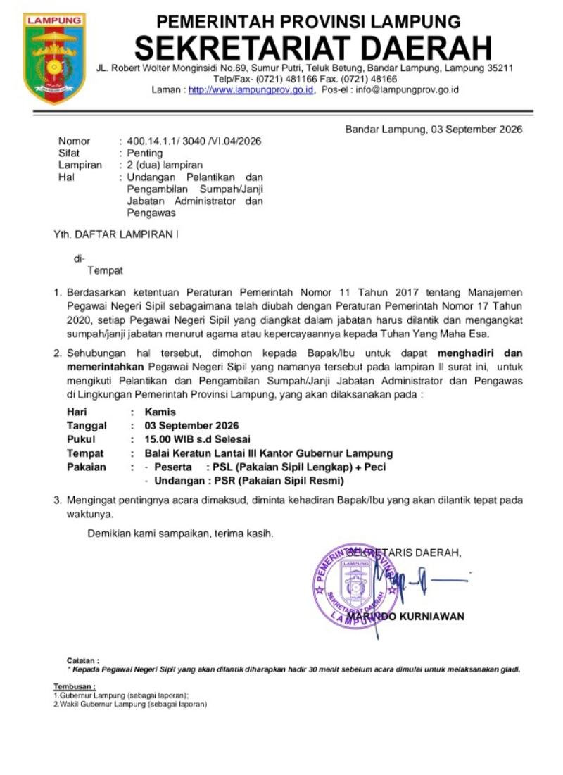 Pemprov Lampung Lantik Pejabat Administrator dan Pengawas Hari Ini