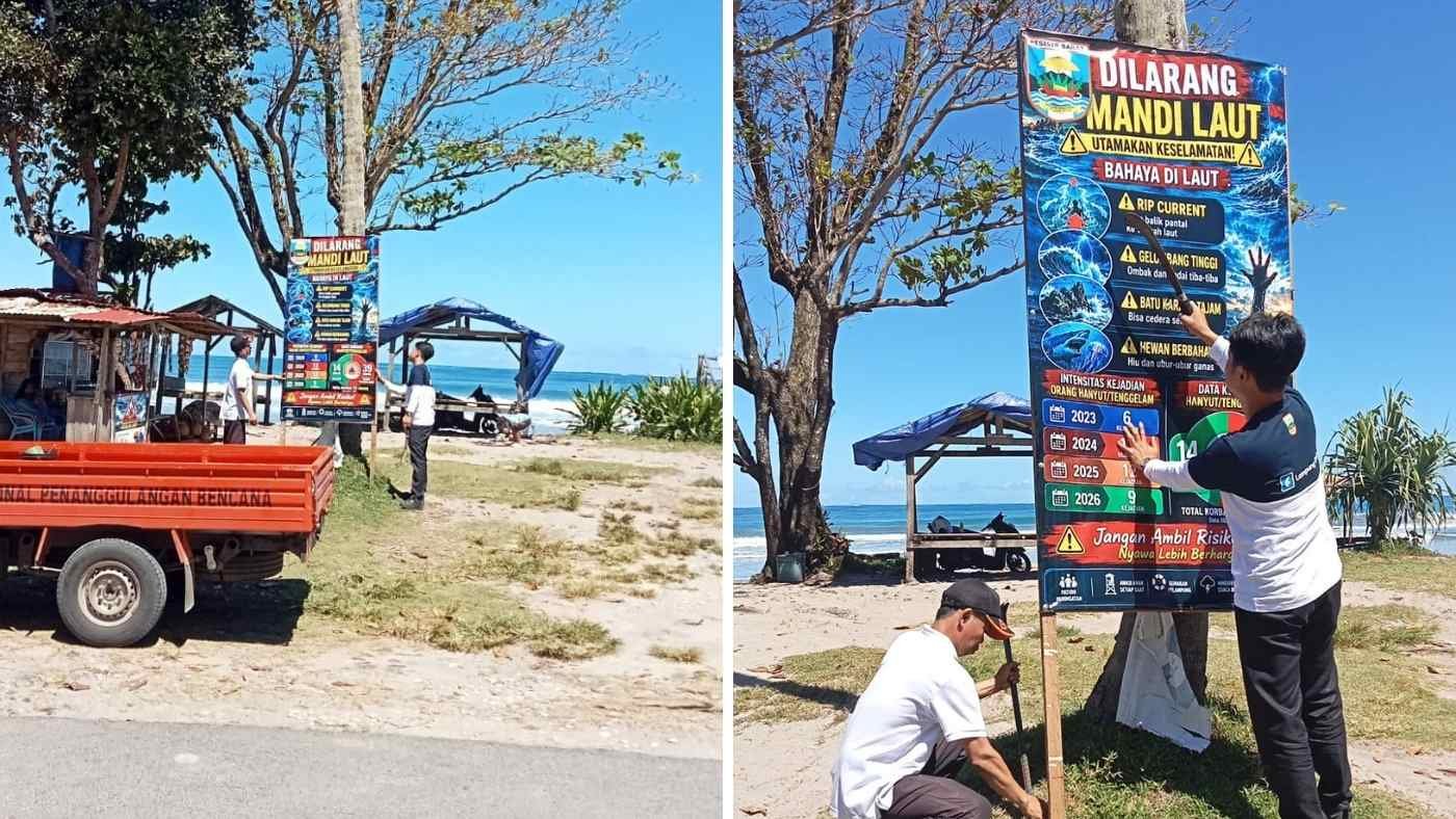 BPBD Pesisir Barat Pasang Banner Larangan Mandi di Laut
