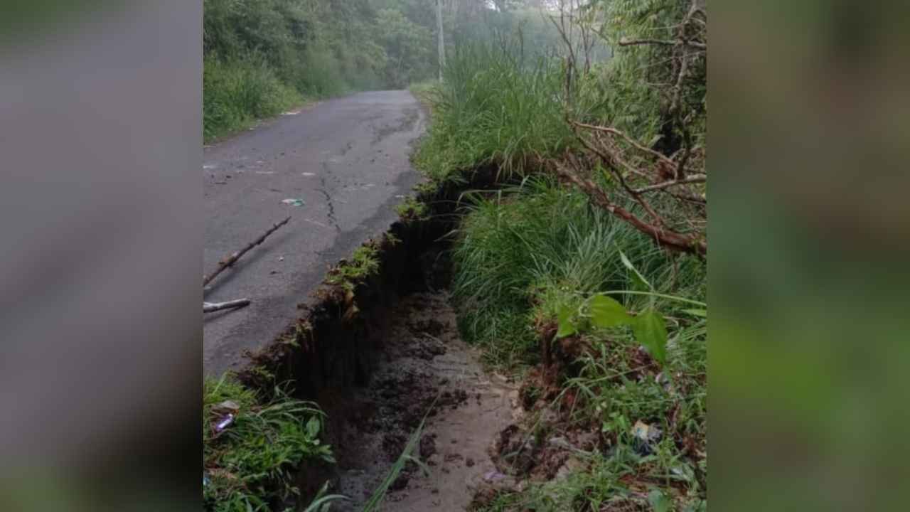 Kondisi badan jalan penghubung Kenali-Bumiagung, Kecamatan Belalau, Lampung Barat, yang tergerus longsor setelah hujan deras mengguyur wilayah setempat