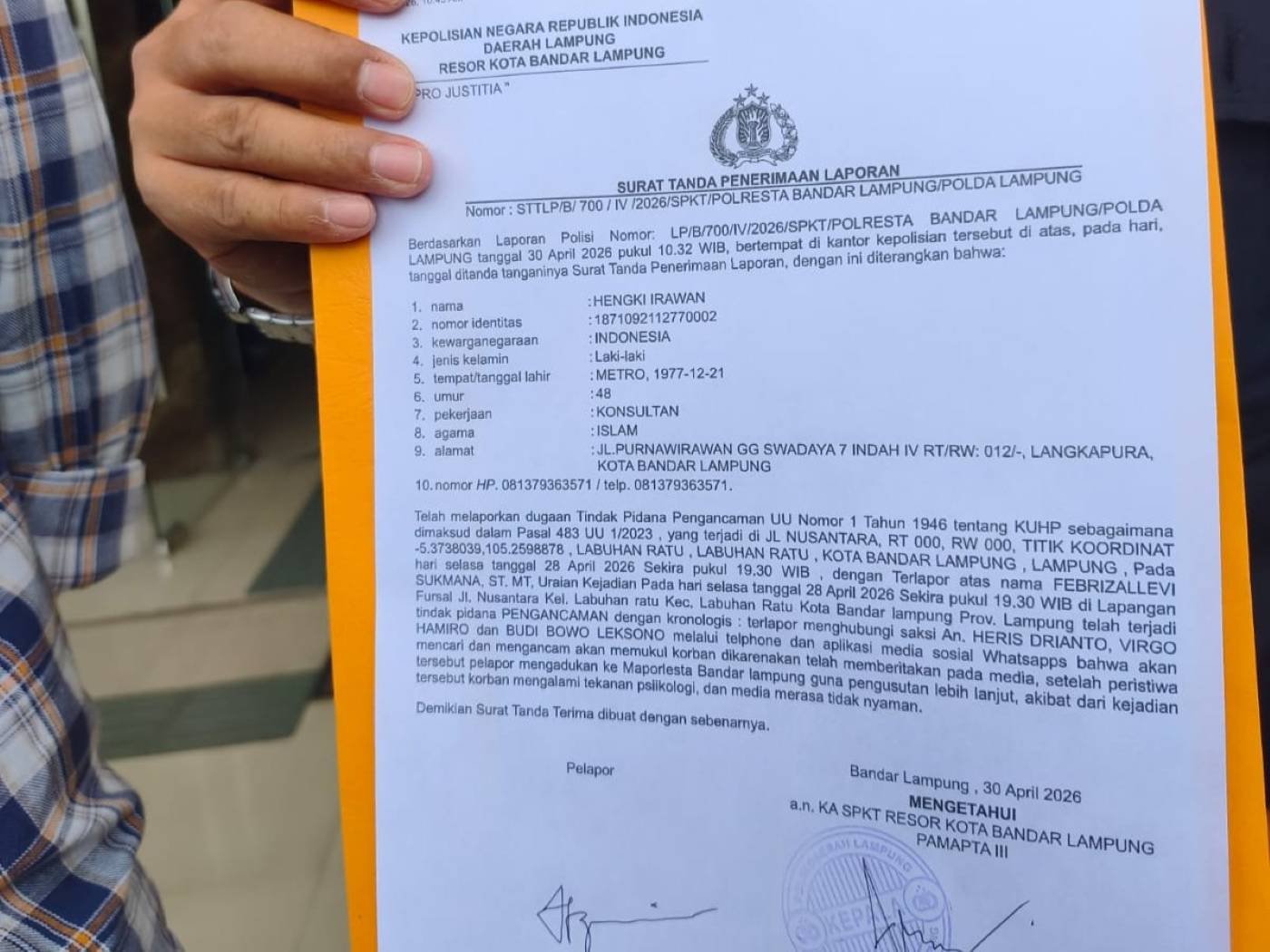 Polisi Terbitkan STTLP Kasus Ancaman Wartawan di Bandar Lampung