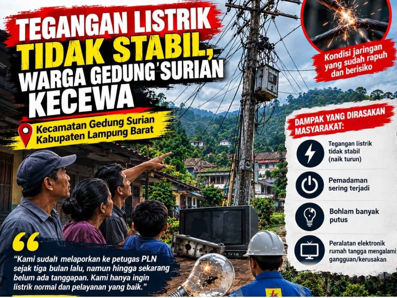 Tiga Bulan Tegangan Listrik Tak Stabil, Warga Gedungsurian Desak PLN Segera Bertindak