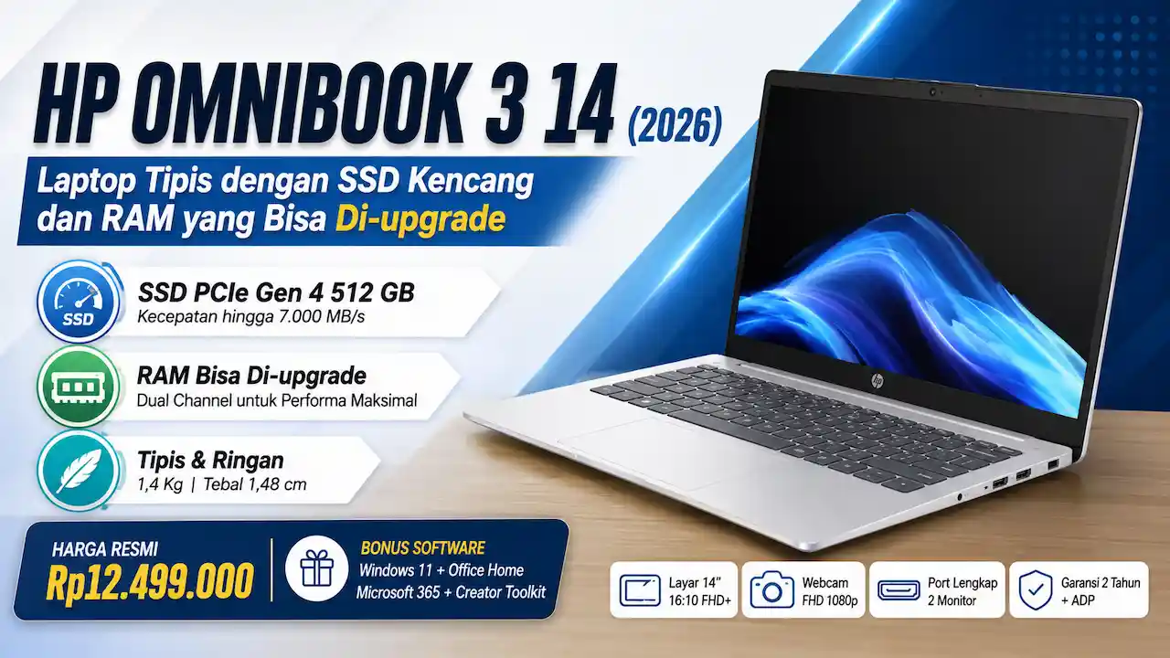 HP Omnibook 3 14 (2026) Resmi di Indonesia, Laptop Tipis dengan SSD Kencang dan RAM yang Bisa Di-upgrade