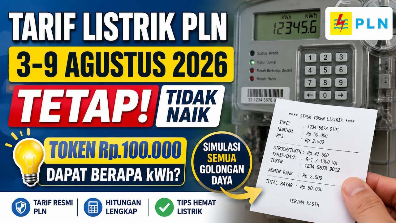 Simulasi Token Listrik Rp100 Ribu Berdasarkan Tarif PLN 3-9 Agustus 2026